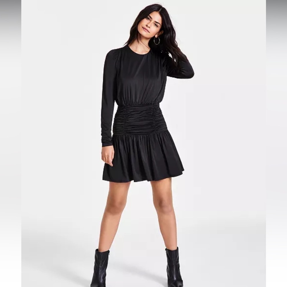 Bar III black long sleeve ruched mini dress in excellent like-new condition